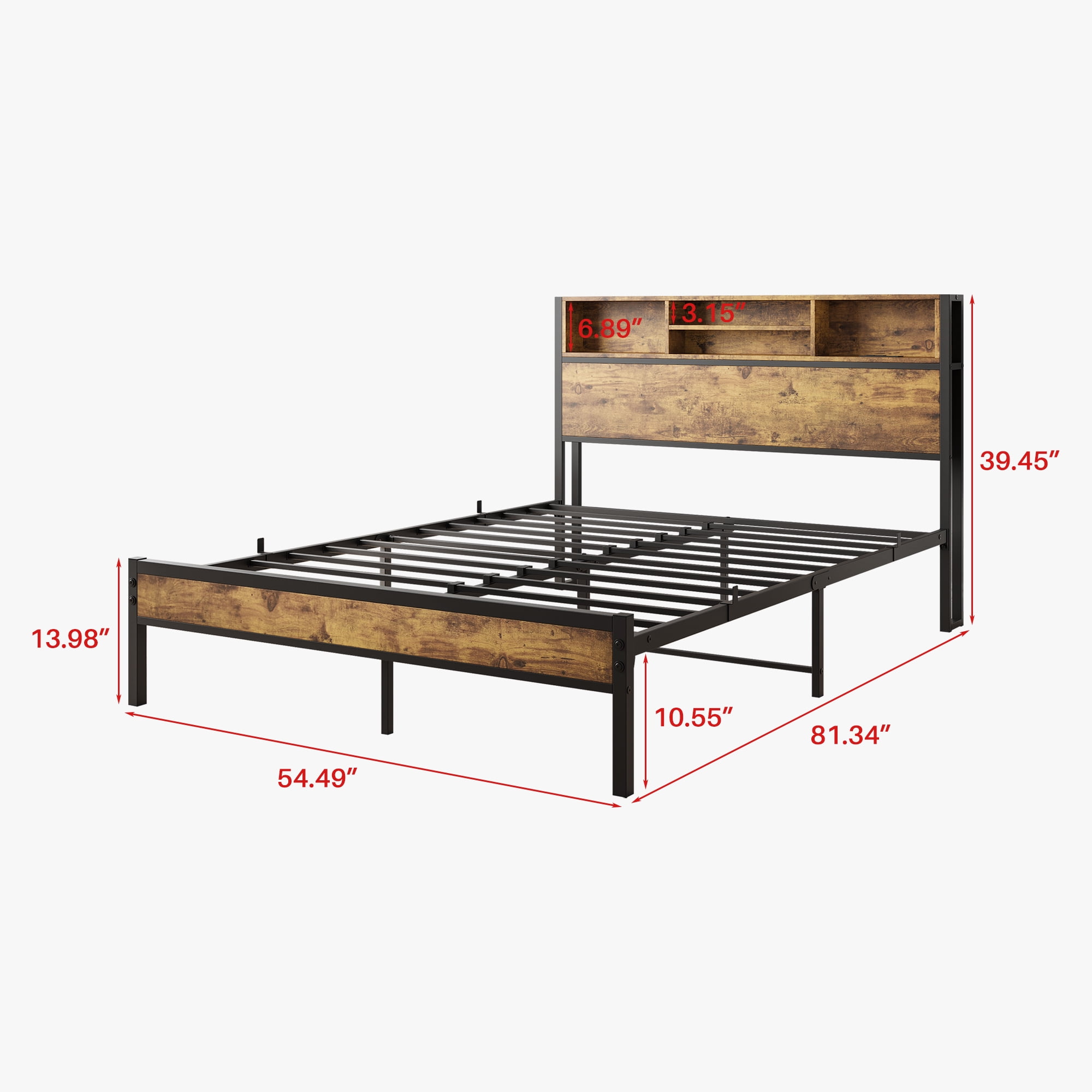 MAYEERTY Black Full-Size Metal Platform Bed: Storage Headboard, Charging Station & Bookcase Storage​