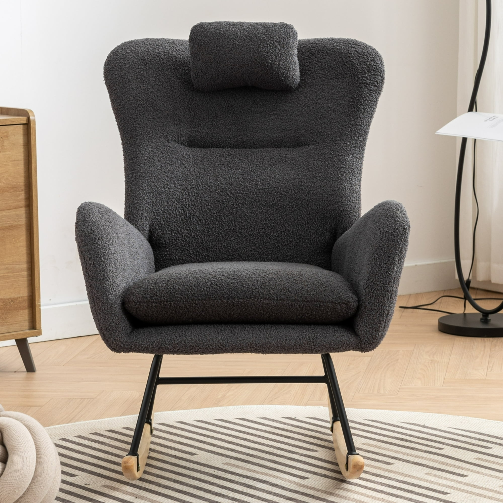 Leumius Nursery Rocking Chair, 35.5" Teddy Fabric Upholstered Glider Rocker with High Backrest, Modern Rocking Accent Chairs Comfy Side Chair for Nursery, Bedroom, Living Room,Dark Gray