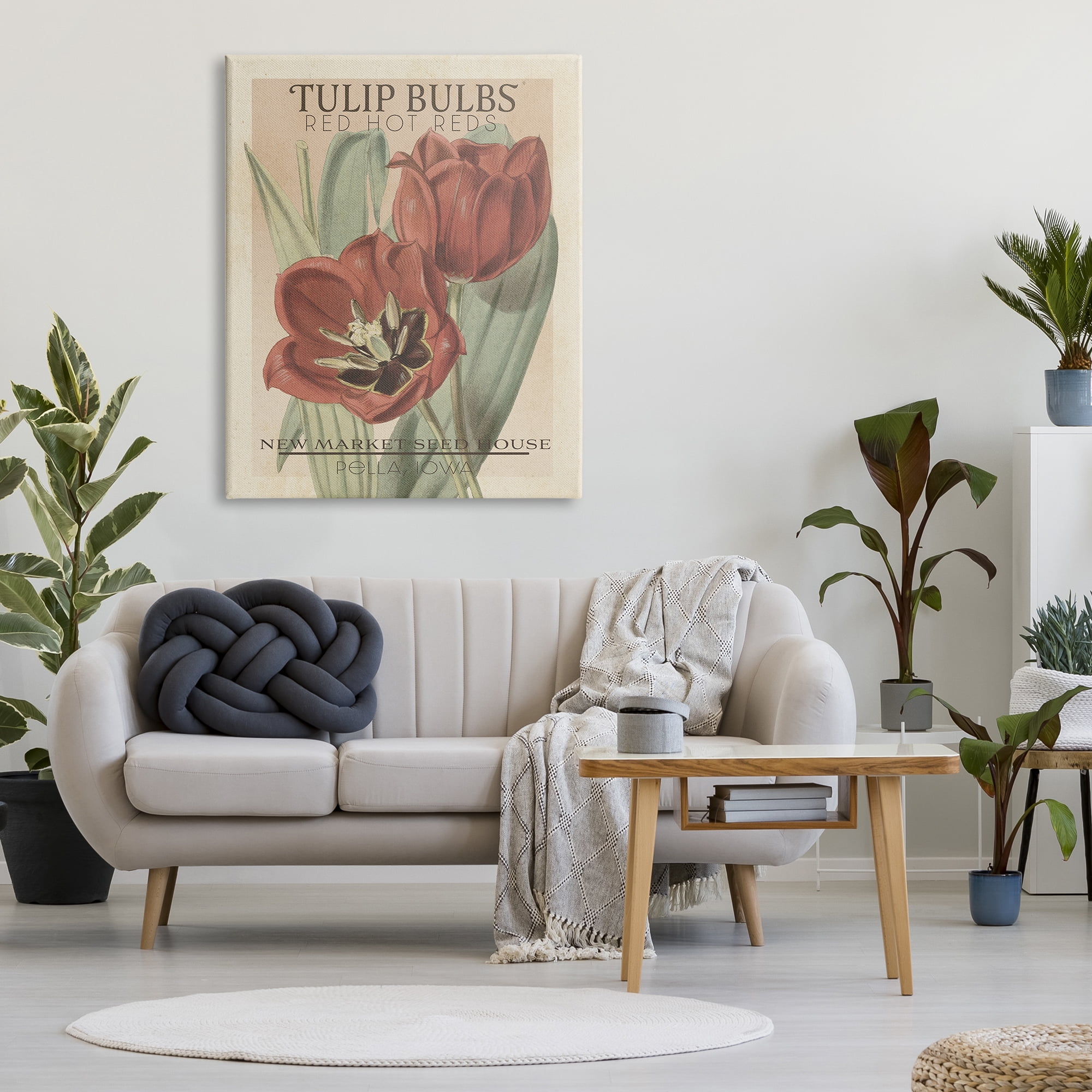Design by Studio W Hot Red Tulip Bulbs Antique Floral Seed Packet 36 in x 48 in Painting Canvas Art Print, by Stupell Home Décor