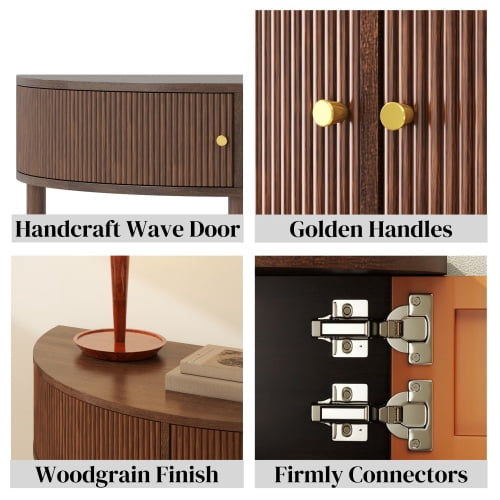 Aukfa Half Moon Console Table with Rattan Storage Cabinet,Side Table Sofa Table for Living Room, Hallway,Brown