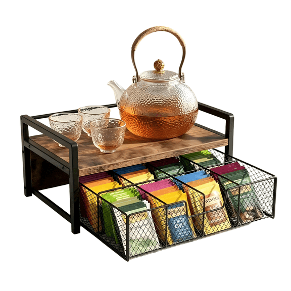 Wooden Tea Bag Organizer with Storage Drawer, Tea Station Chest for Countertop, Teabag Holder Display Box for Kitchen, Rustic Brown
