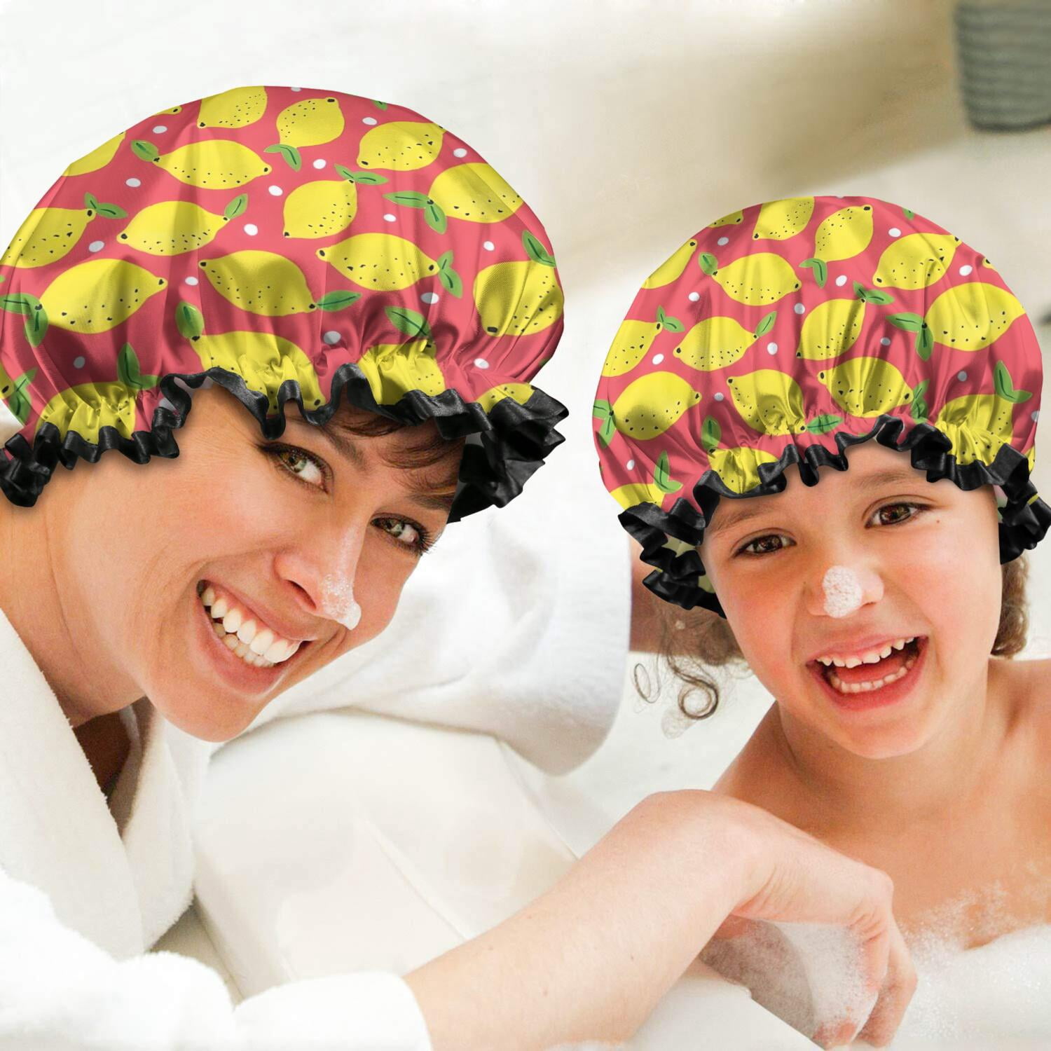 Shower Caps,Yellow Lemon Fruit Dots Red Pattern Waterproof Shower Cap for Women 4 Pieces,Double Reusable Hair Cover for Shower PEVA Elastic Stretch Hem