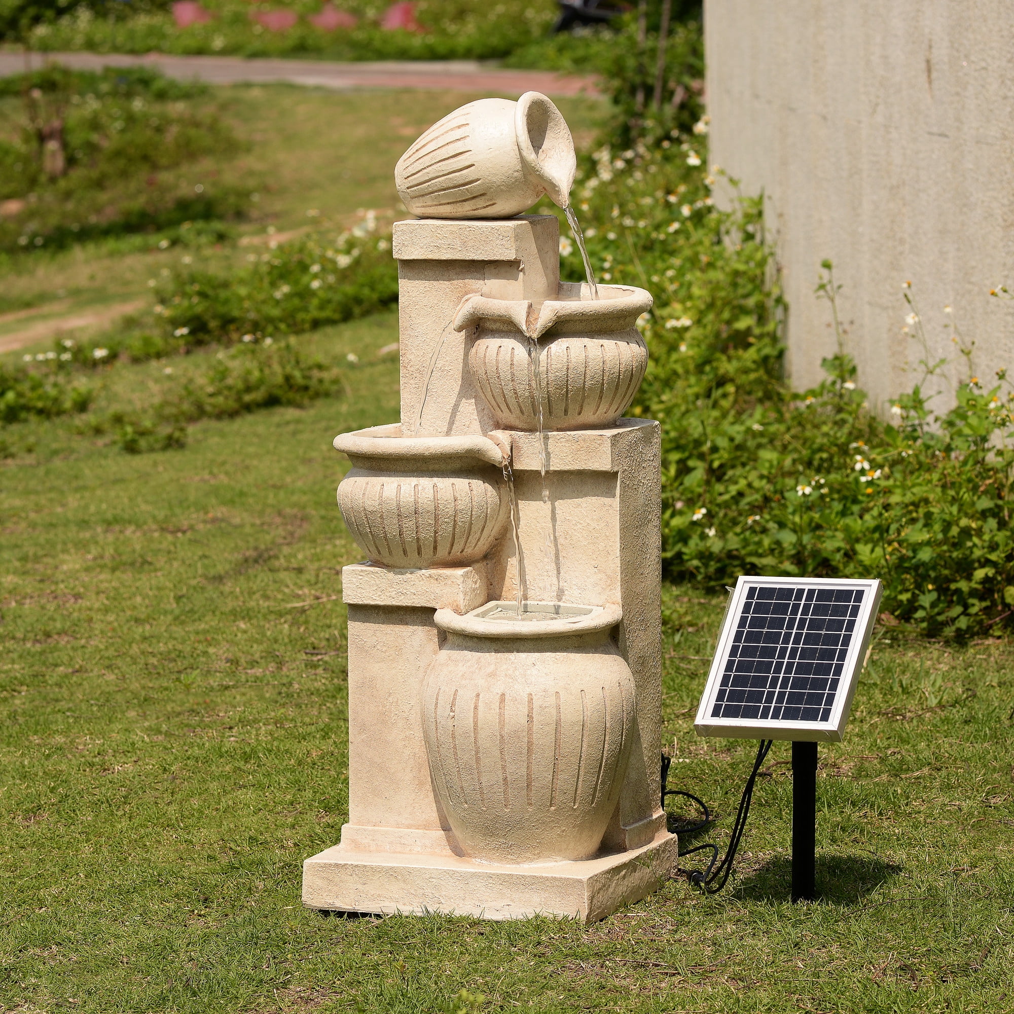Teamson Home Outdoor 4-Tier Cascading Bowl Water Fountain with LED Lights, Solar-Powered & Adjustable Flow Rate, Natural
