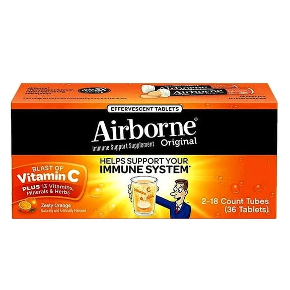 Airborne Effervescent Immune Support Supplement Zesty Orange 36 Tablets - 2 Pack