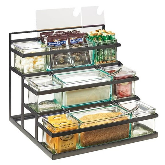 Cal Mil 3603-13 3-Step Black Coffee Condiment Station with 9 Glass Jars - 16 x 14.75D13.5 in.