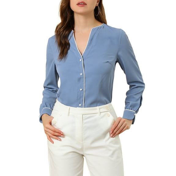 INSPIRE CHIC Women's V Neck Long Sleeves Button Down Contrast Color Chiffon Shirt S Dusty Blue