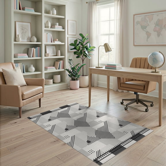 ODIKA 4'x6' Black White Gray Monochrome Geometric Washable Area Rug Modern Abstract Diagonal Lines Dots Blocks Stain Resistant, Low Pile, Easy Care for Dorm Room, Small Living