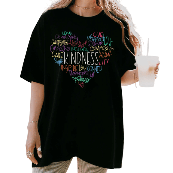 Women's Kindness Heart Shape Word Cloud Aesthetic Graphic Casual T Shirt Short Sleeve Round Neck Top Black S-5XL