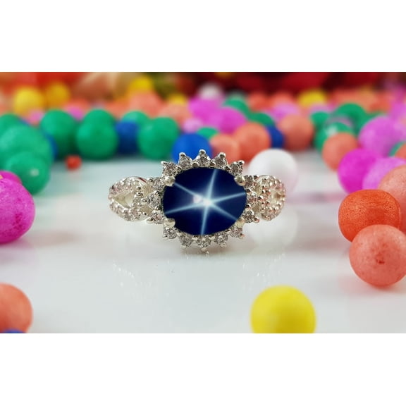 AFGEMSNJEWELLERY Blue Star Sapphire Ring 925 Sterling Silver Star Sapphire Statement Ring Handmade Gemstone Jewelry Gift for Her Silver 3