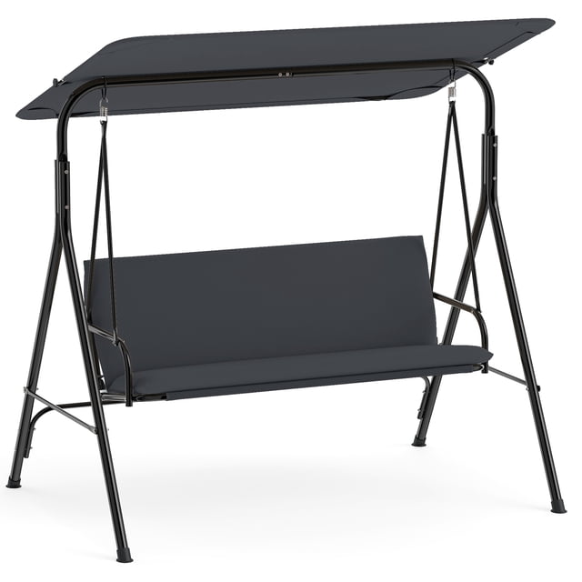 Gymax Balançoire de Patio Extérieure à 3 Places avec Accoudoirs, Auvent Inclinable Réglable et Support, Gris