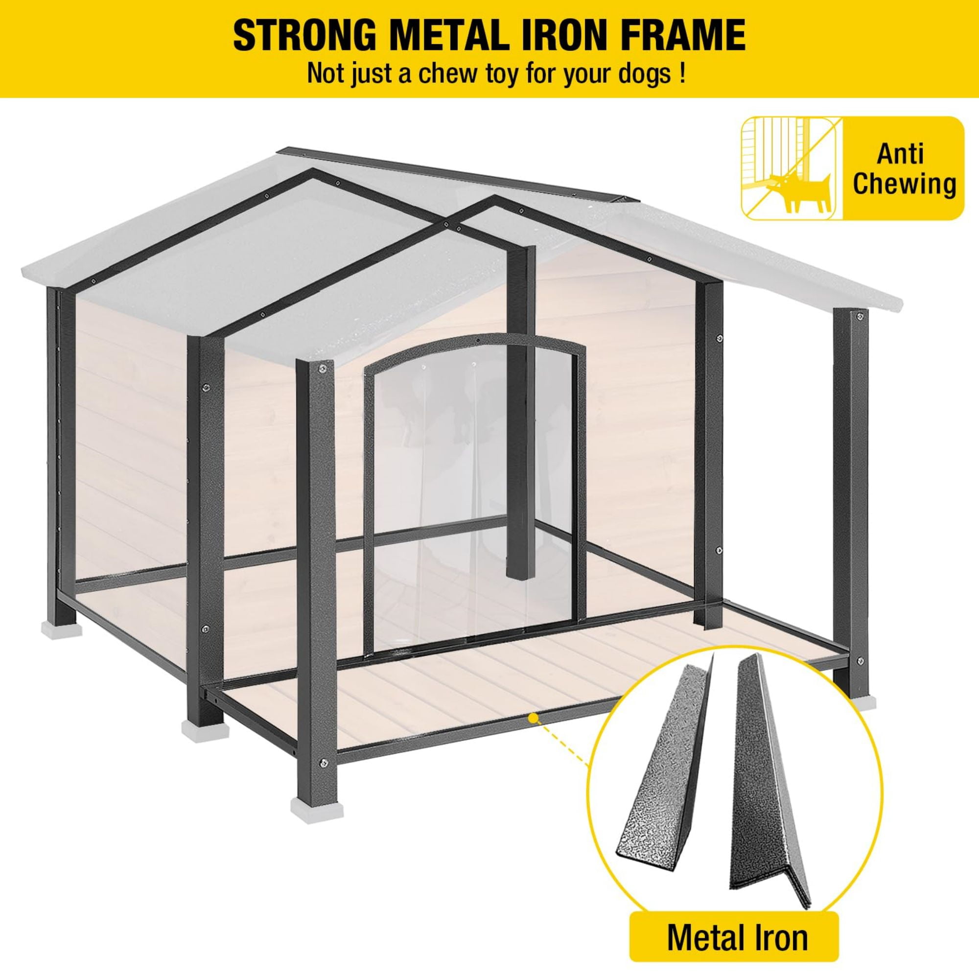 Aivituvin Anti-Chewing Outdoor Dog House with Iron Frame, 41.4"D Weatherproof Wooden Dog Kennels with Large Porch for Outdoor & Indoor, Brown