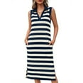 thumbnail image 5 of Sleeveless Women's Striped Summer Dress Casual Polo V Neck Slit Loose Fit T Shirt Midi Dresses, 5 of 7