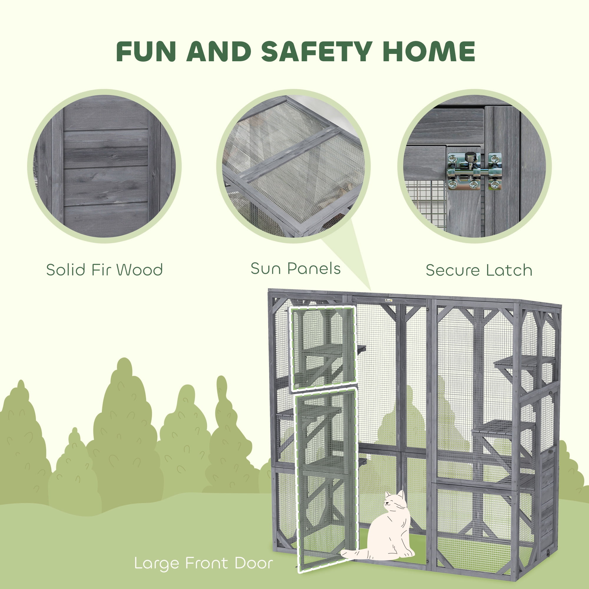 PawHut Catio Outdoor Cat Enclosure, Large Wooden Cat House with 6 Jumping Platforms, Weatherproof Roof, for 1-3 Cats, 59" x 28" x 60", Gray