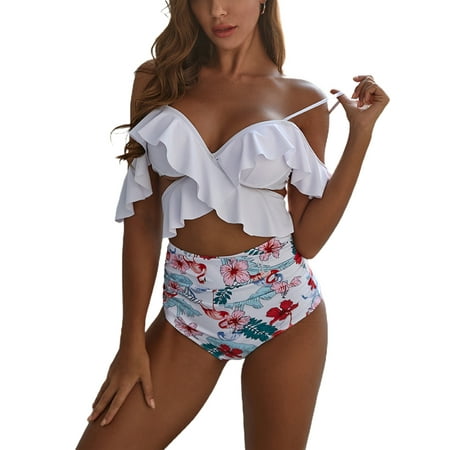 Luiryare Xz Women Swimsuit Crop Tops Floral High-Waist Panty 2Pcs Bikini Sets