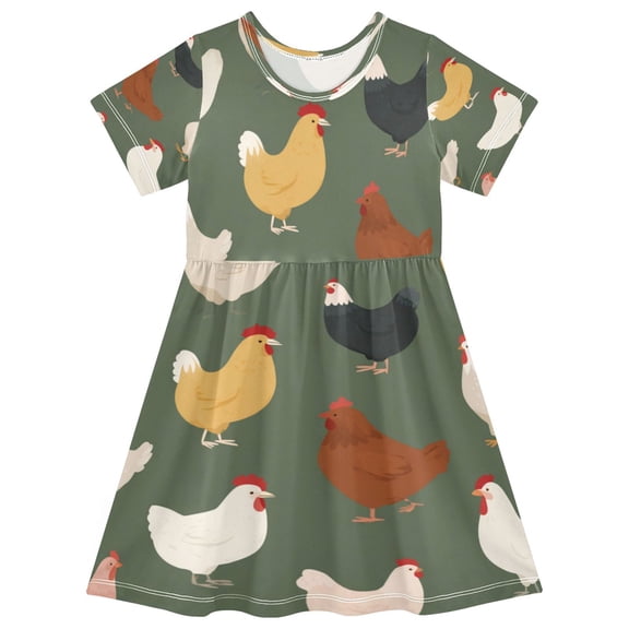 Girls Short Sleeve A-Line Dress Cute Colorful Chickens Pattern Play Dress Sizes 2T