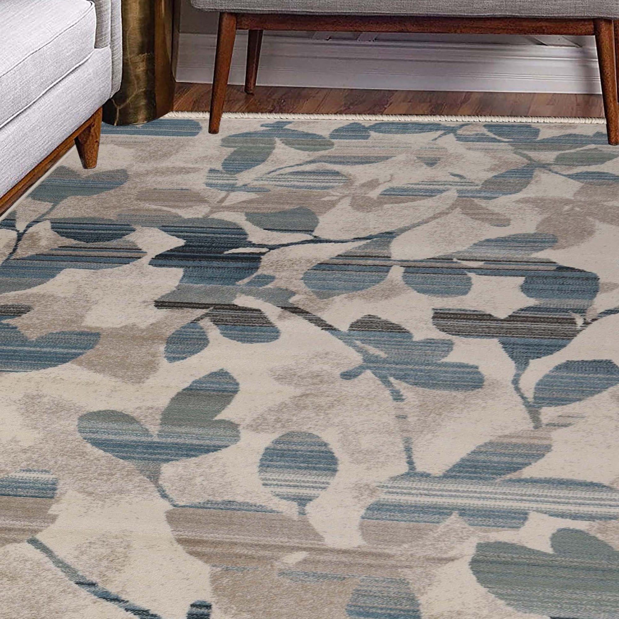 Superior Mahonia Leaf and Vine Indoor Area Rug, 5' x 8', Cream/ Blue