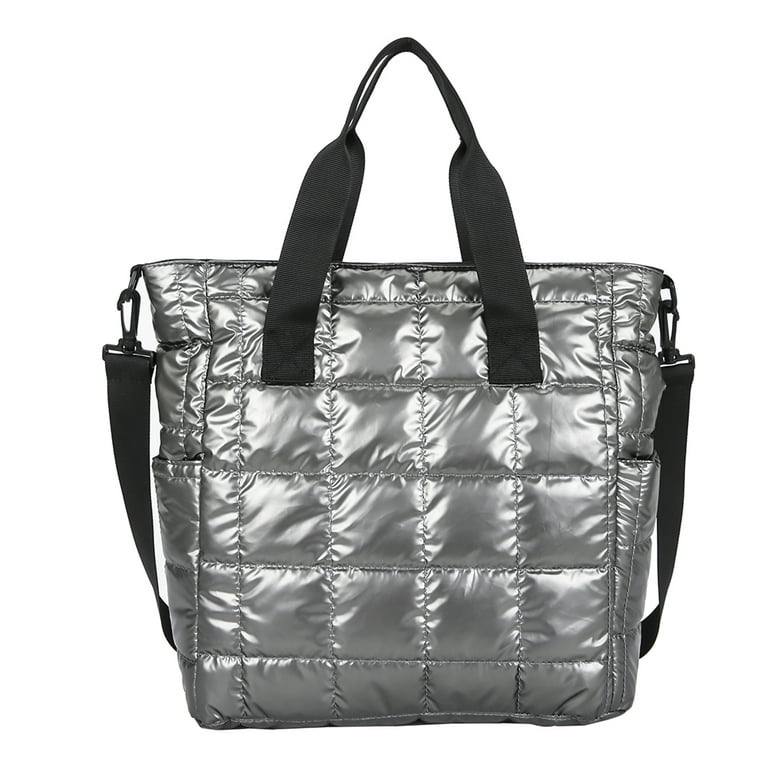 Loygkgas Unisex Adult Cotton Padded Quilted Tote Bag Zipper Large Shoulder  Bag (Black)
