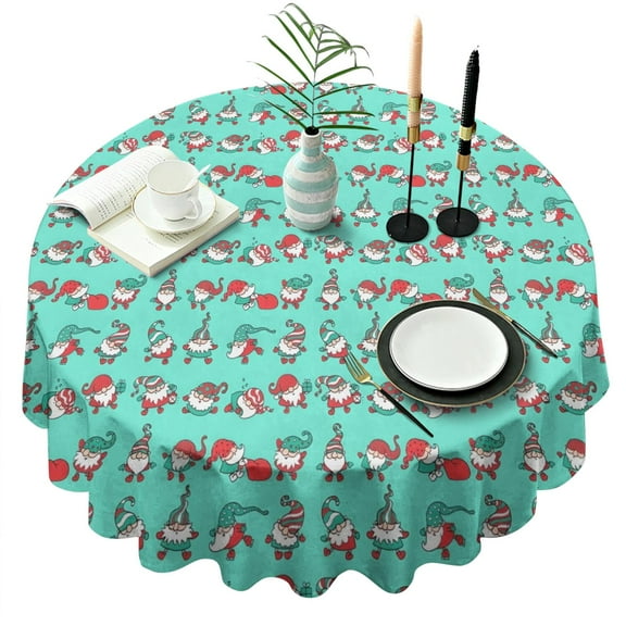 Turquoise Christmas Gnome Pattern Round Tablecloth 60"x60",Wrinkle Wipeable Table Cloth for Kitchen Dining Room Picnic Patio Party