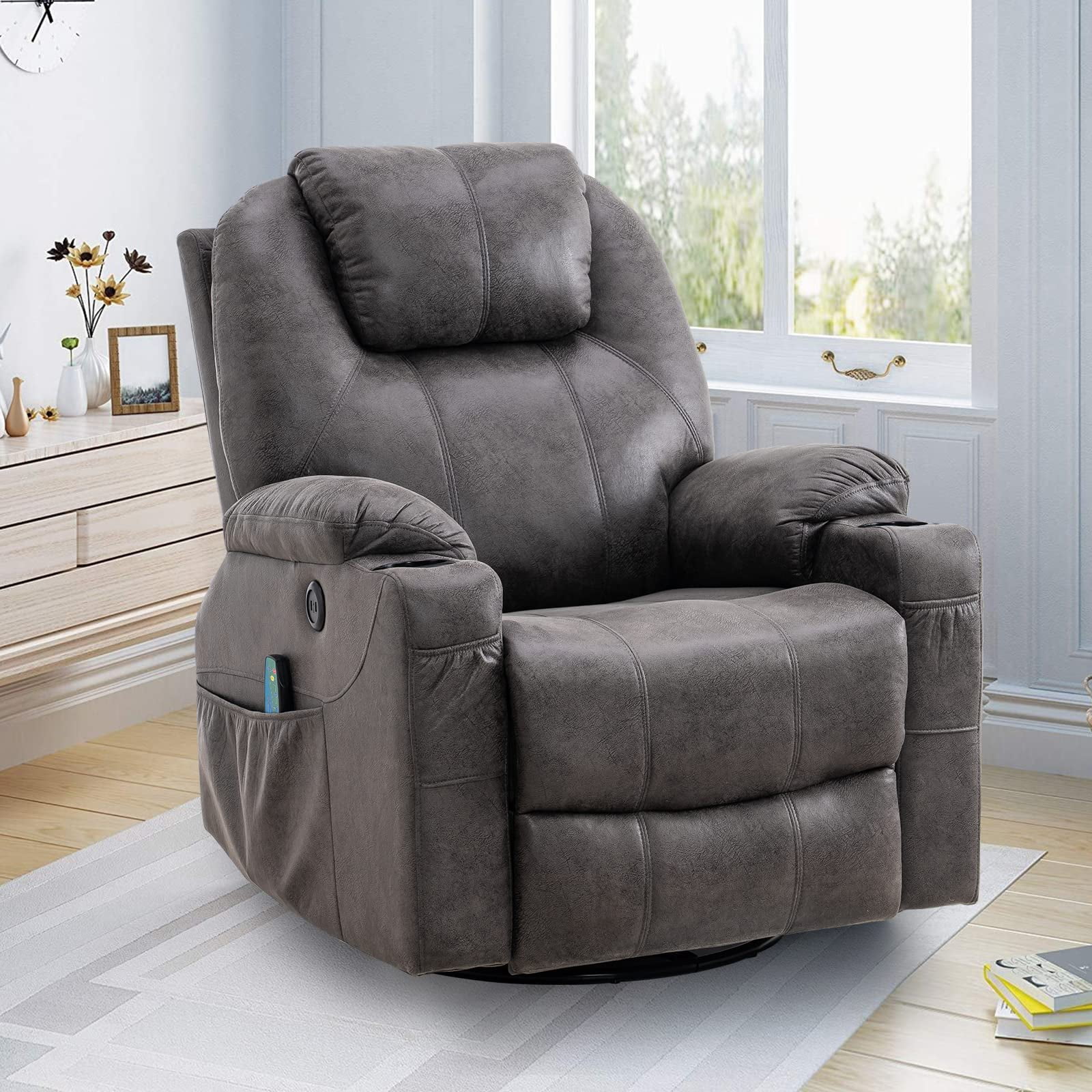 W WARMHOL Swivel Rocker Recliner Chair - Manual Glider Rocking Recliner Chair with Heated Massage Ergonomic Lounge Reclining Chair with 4 Pockets/Cup Holders/Remote Control/USB Ports (Gray)