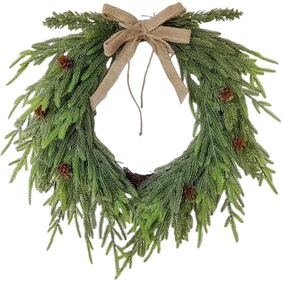 16 Inch Lifelike Greenery Christmas Wreath for Front Door, Realistic Seasonal Norfolk Wreath with Cones & Beige Bow for Indoor Outdoor Christmas Decoration
