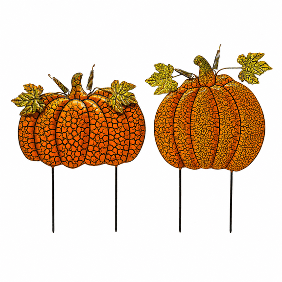 Set of 2 Garden Pumpkin Metal Stakes For Outdoor Decor Autumn Thanksgiving #126 (15" & 13" H)