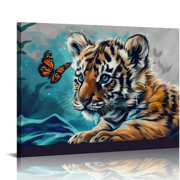Autua Tiger Cub Butterfly Blue Background Canvas Wall Art for Living Room Bedroom Home Office Decor 20x16in