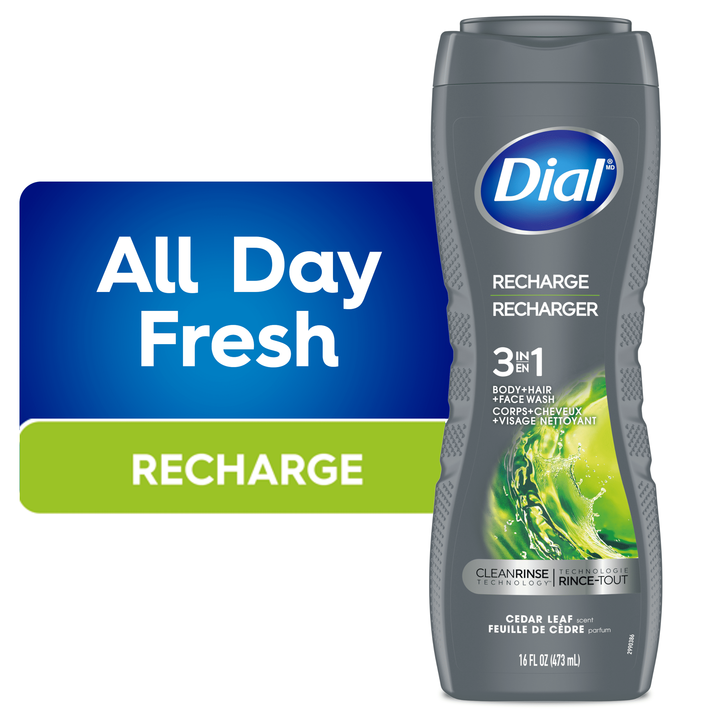 Dial Men 3in1 Body, Hair and Face Wash, Recharge, Cedar Leaf Scent, 473ml