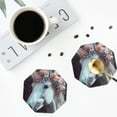 thumbnail image 4 of Honeii Flower Crown White Horse print Leather Coaster Set of 4, ideal for safeguarding your furniture from drinks spills and effortless cleanup-Octagon, 4 of 6