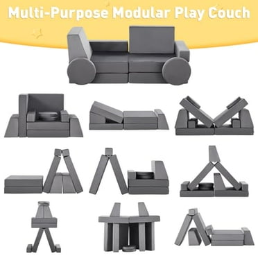 TUKAILAi 10PCS Modular Kids Play Couch, Convertible Child Sectional Sofa, Imaginative Furniture Play Set for Creative Kids, Toddler, Teen Nugget Couch for Boys and Girls(Grey)