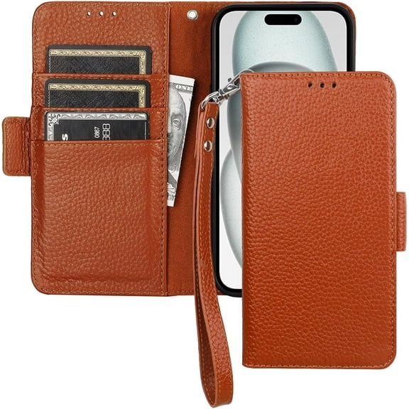 Wallet Case for iPhone 15 5G, Genuine Leather Support Wireless Charging RFID Blocking Flip Case Card Slots Holder, Kickstand Book Folding Folio Cover with Wrist Strap 6.1 Inch (Brown)