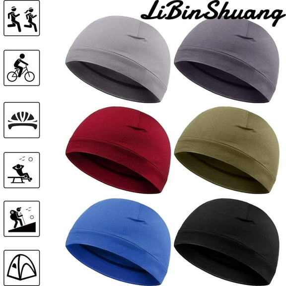 6 Pcs Men Skull Caps Spandex Beanies Sleep Hats Sweat Wicking Cap Running Hats Cycling Skull Caps for Men Multifunctional Helmet Liner Cap for Men and Women