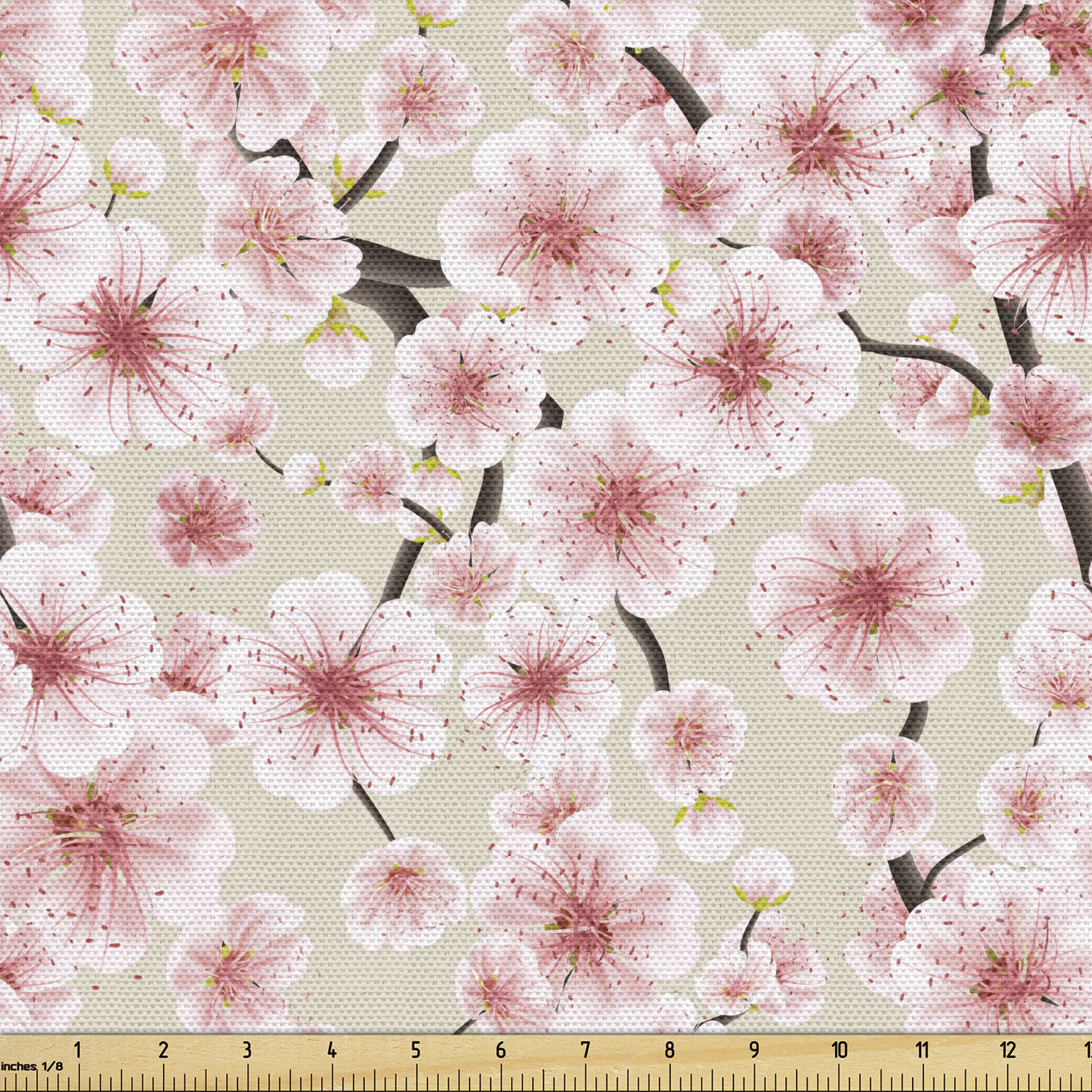 Cherry Blossom Fabric by the Yard, Japanese Flowers Symbolic of Spring in a Random Arrangement, Decorative Upholstery Fabric for Chairs & Home Accents, 1 Yard, Coral Pale Green Brown by Ambesonne - image 1 of 4