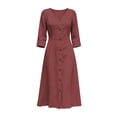 thumbnail image 4 of CHGBMOK Cotton Linen Dresses for Women 3/4 Sleeve V Neck Button Down Dress Cinched Waist Flared Fall Maxi Dress, 4 of 7