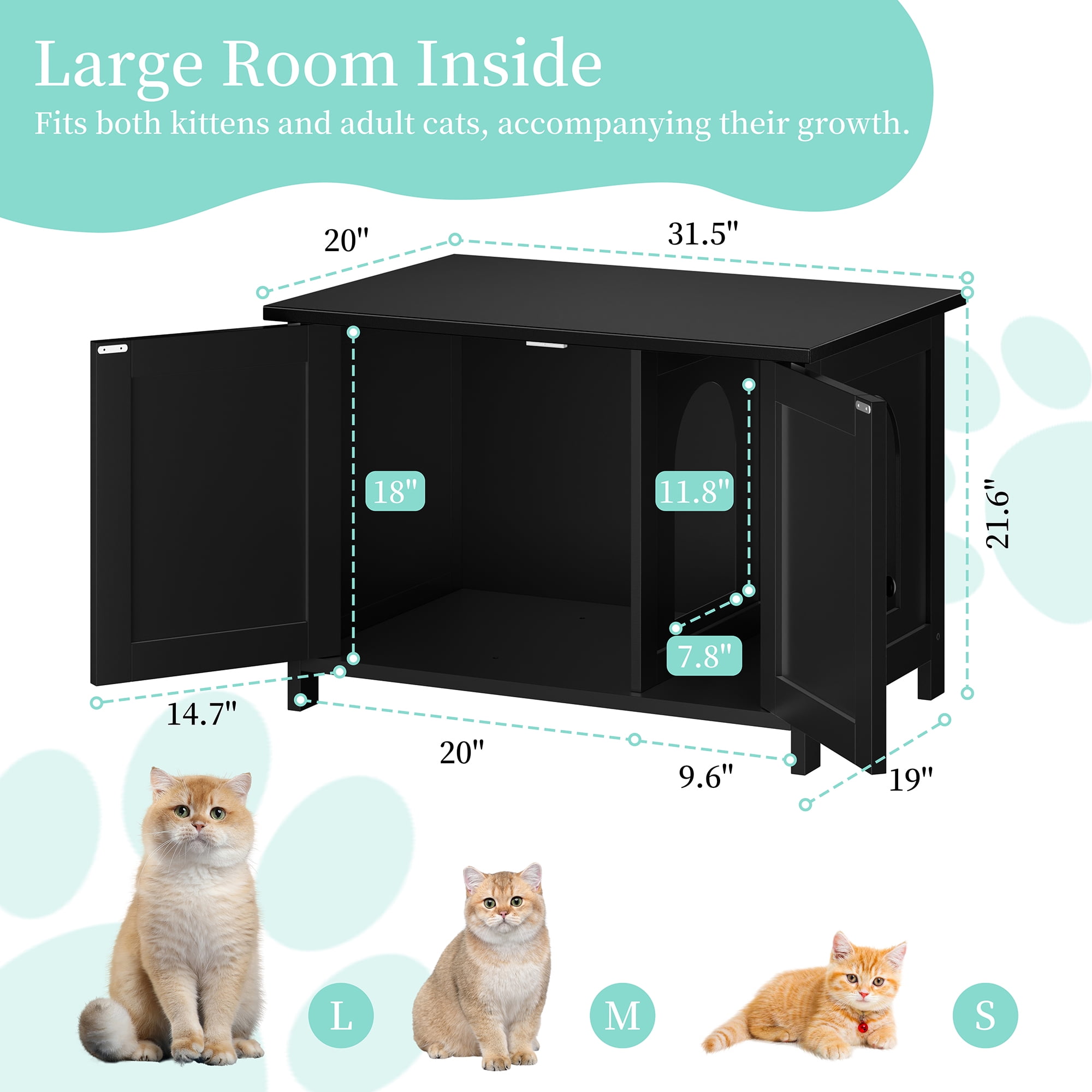 Walsunny Hidden Cat Litter Box Cat Washroom with Double Removable doors and Divider Indoor for Living Room Black
