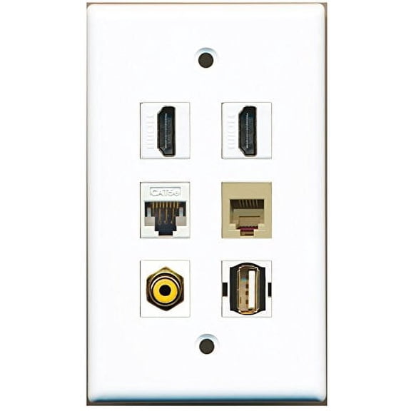 RiteAV - 2 HDMI 1 Port RCA Yellow 1 Port USB A-A 1 Port Phone RJ11 RJ12 Beige 1 Port Cat5e Ethernet White Wall Plate