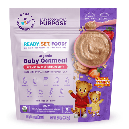 Ready, Set, Food! Organic Baby Oatmeal, 9 Top Allergens, Peanut Butter Strawberry, Stage 3, 8 oz
