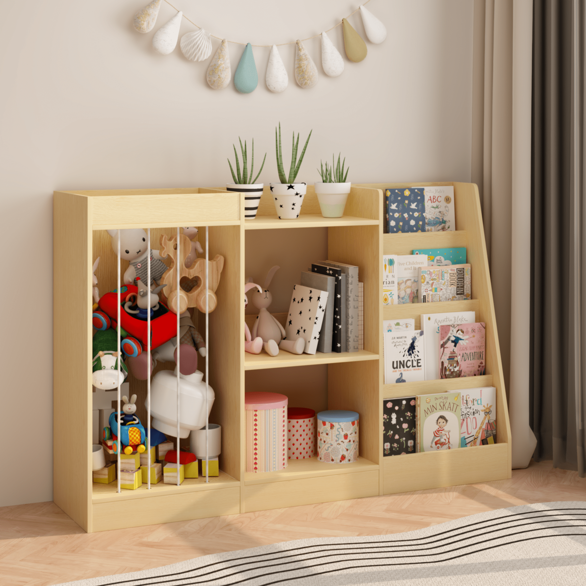 Natural Wood Kids Bookshelf 3-in-1 Toy Storage 4-Tier Book Display Anti-Tip Childrens Room Organizer