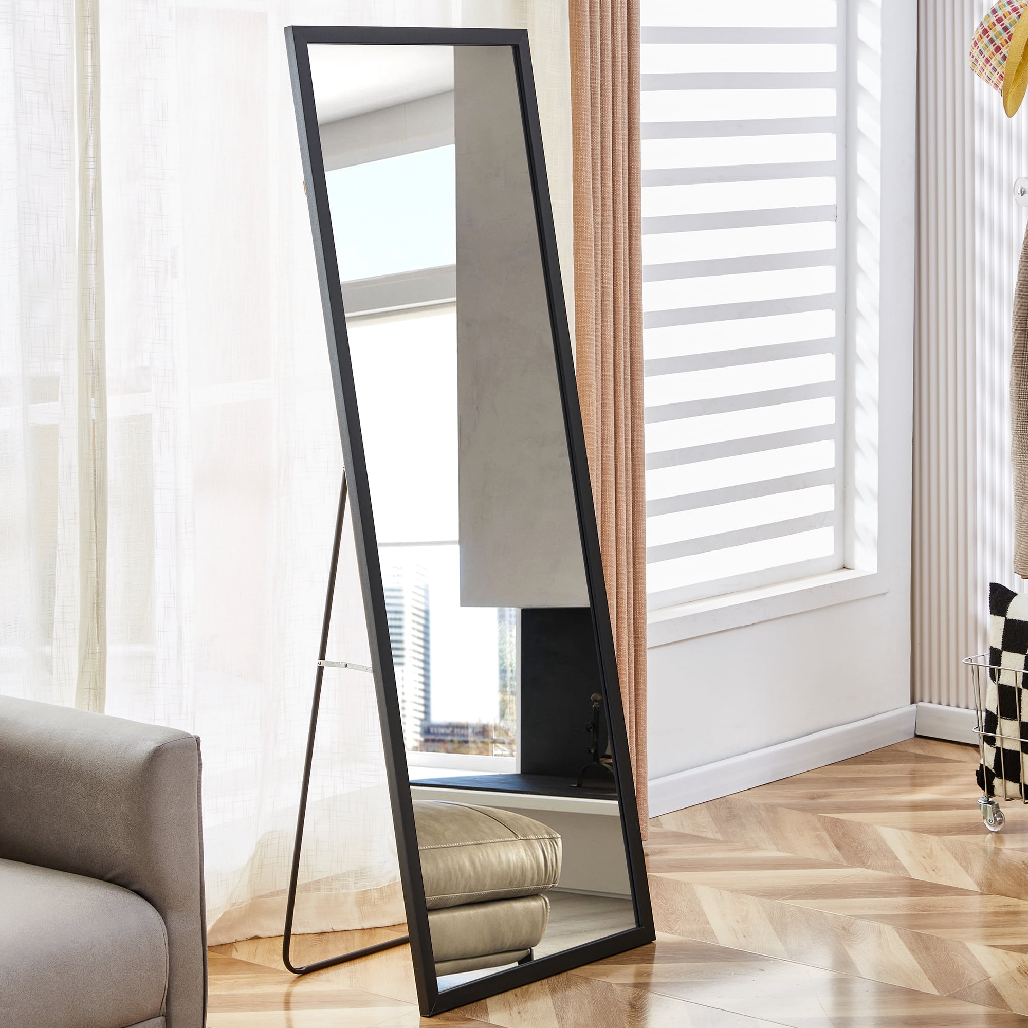 Full-Length Mirror, Dressing Mirror with Wood Grain Solid Wood Frame, Floor Standing Mirror for Living Room, Bedroom, 65"×22.8", Black