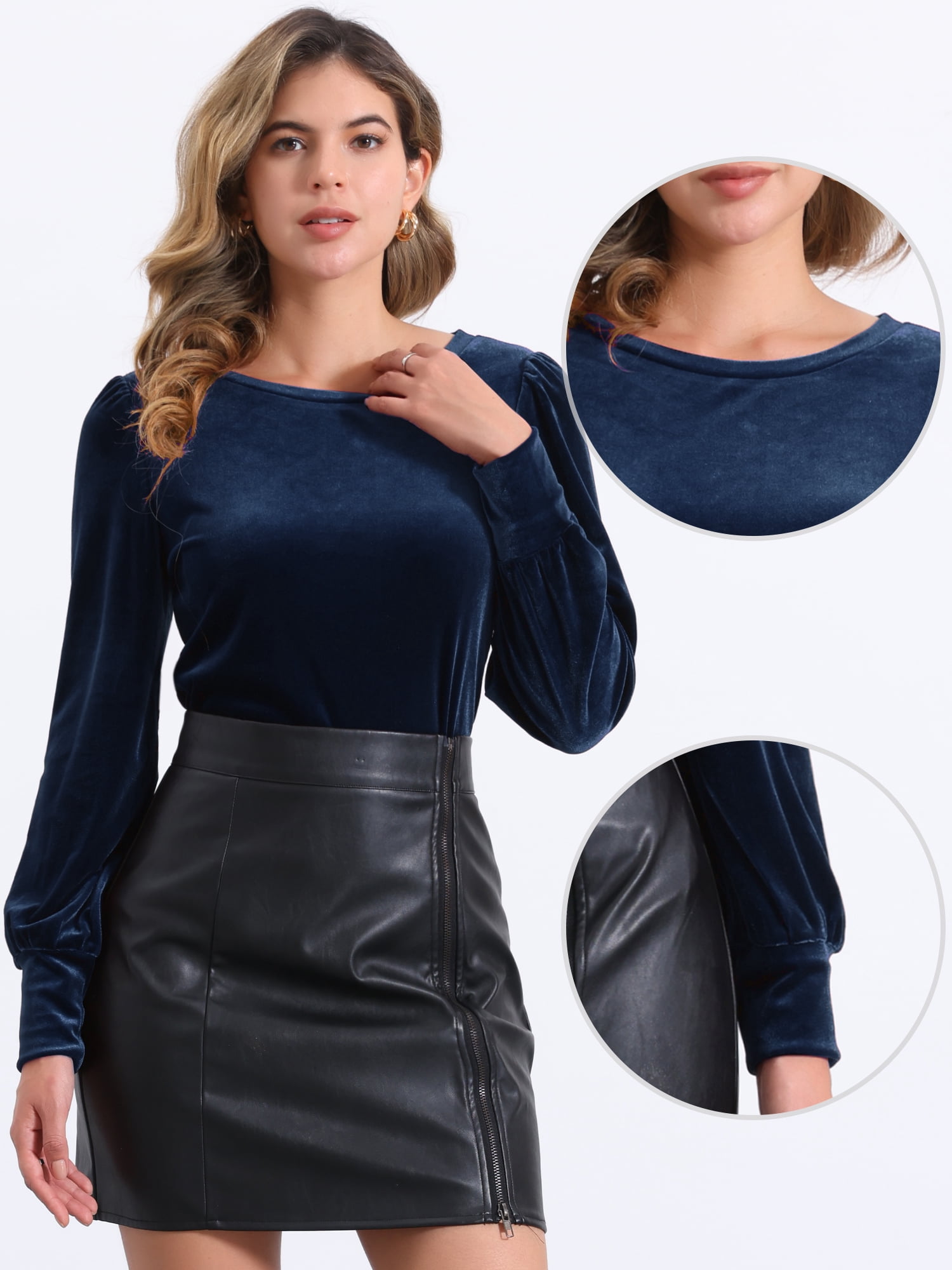 DARING DIVA Women's Velvet Crew Neck Puff Long Sleeve Blouses XL Dark Blue