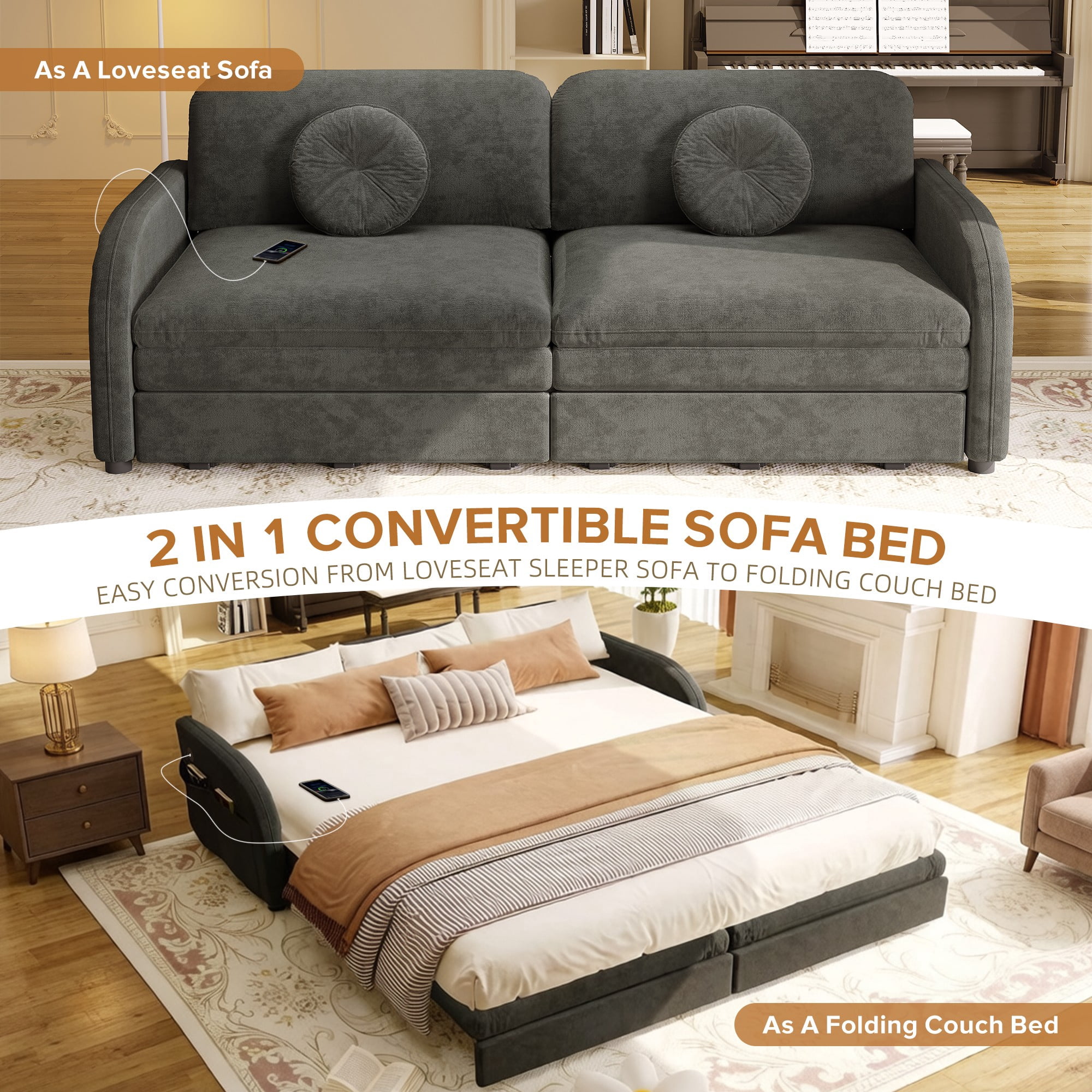 LLappuil Queen Size Pull Out Sofa Bed, Compact Loveseat Sofa Covertible Sofa Bed with USB Port, Side Pocket , Chenille Sofa Couch for Living Room Gray