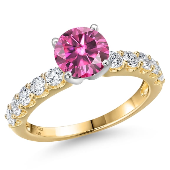 Gem Stone King 14K Two Tone Gold Pink Moissanite and Lab Grown Diamond Engagement Ring for Women | 1.65 Cttw | Round 6.5MM | Gemstone Birthstone | Size 9
