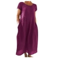 thumbnail image 2 of T-Shirt de Base Solide à Manches Courtes pour Femme, Col d'Été, Robe Midi Décontractée avec Poches, 2 of 5