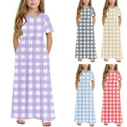 Ashirexll Summer Dresses for Teens, Girls Dresses Size 10-12, Girls Summer Dress with Pockets Fashion Color Matching Short Sleeve Round Neck Long Dress for Children 4-14