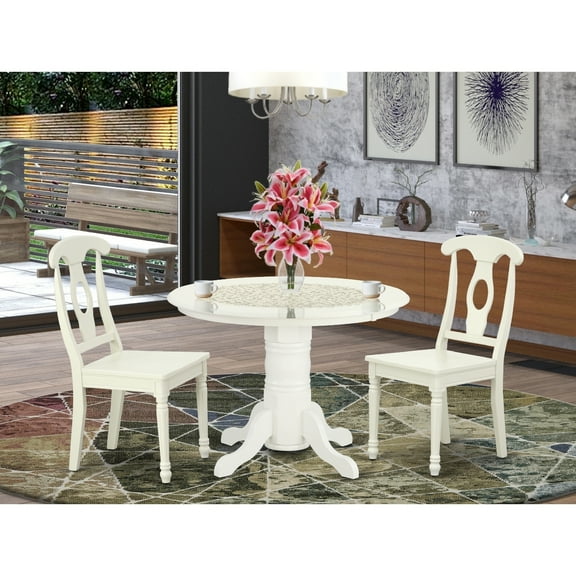 Round Dining Set 3pc - 42 Inch Table & 2 Chairs - Linen White Kitchen Dinette Set