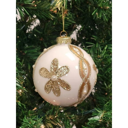 White Ball with Gold Flower Glass Christmas Ornament F07M7-30-LH76-23098