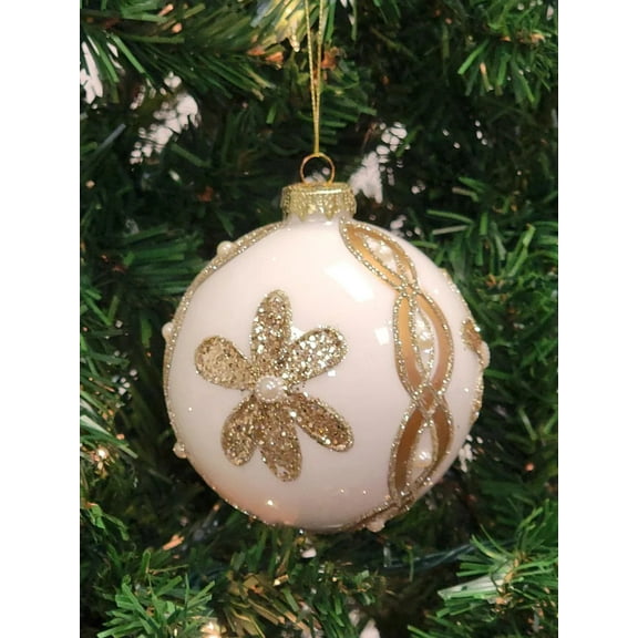 White Ball with Gold Flower Glass Christmas Ornament F07M7-30-LH76-23098