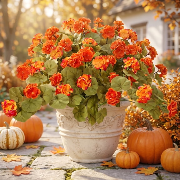 AcerichFad Fall Flowers Outdoor, 2 Pcs Artificial Autumn Hanging Fake Geraniums Silk Flowers for Outside Indoor Yard Garden Porch Patio Home Decor, Orange Gradient Orange
