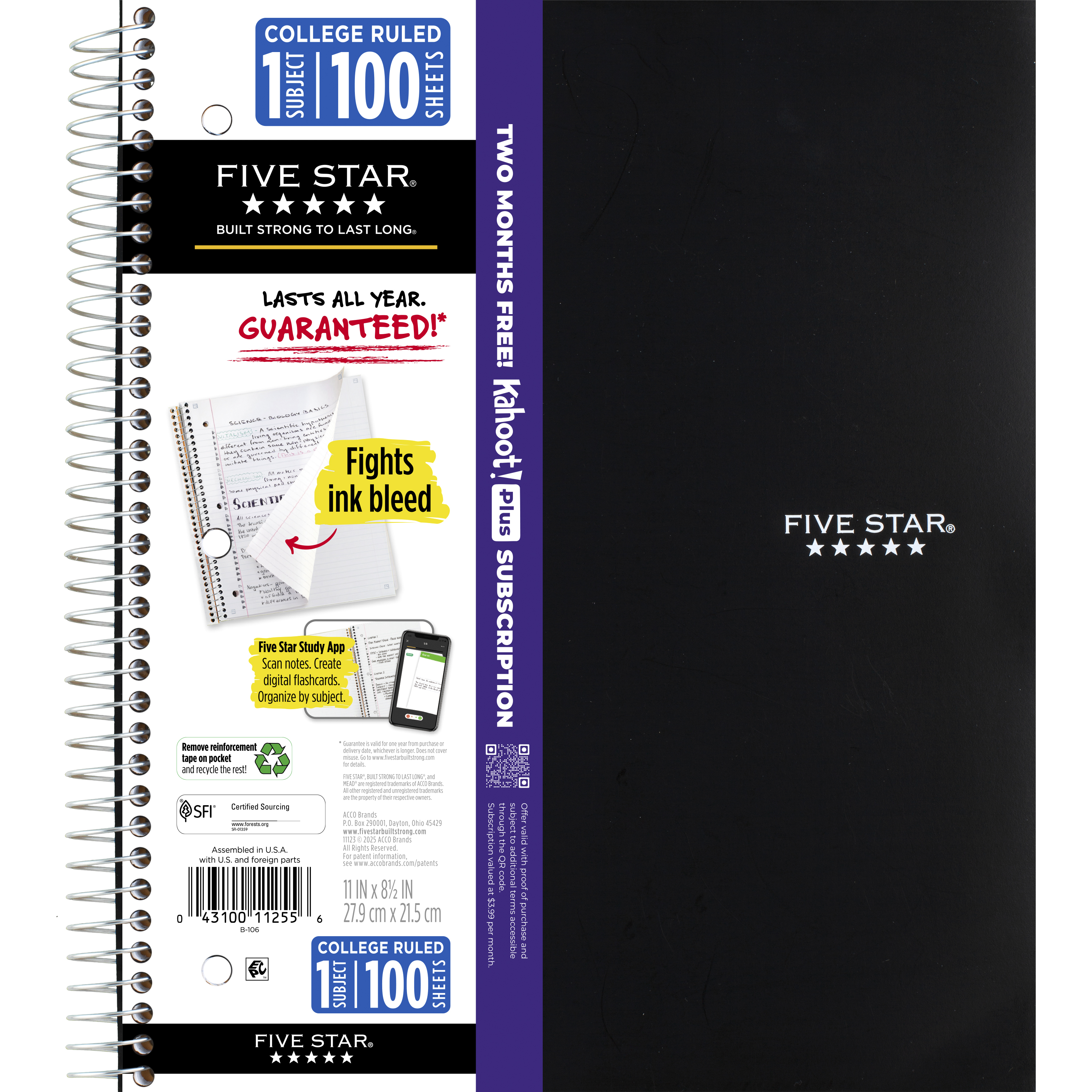 Five Star Cuaderno Universitario 1 Materia + App de Estudio, 8.5" x 11", Negro, Poli, Espiral, 100 Hojas 2