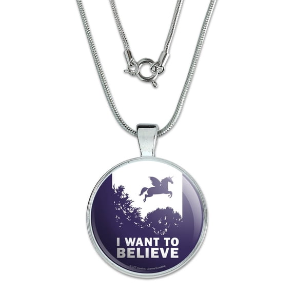 I Want to Believe Unicorn UFO Funny Humor 1" Pendant with Sterling Silver Plated Chain