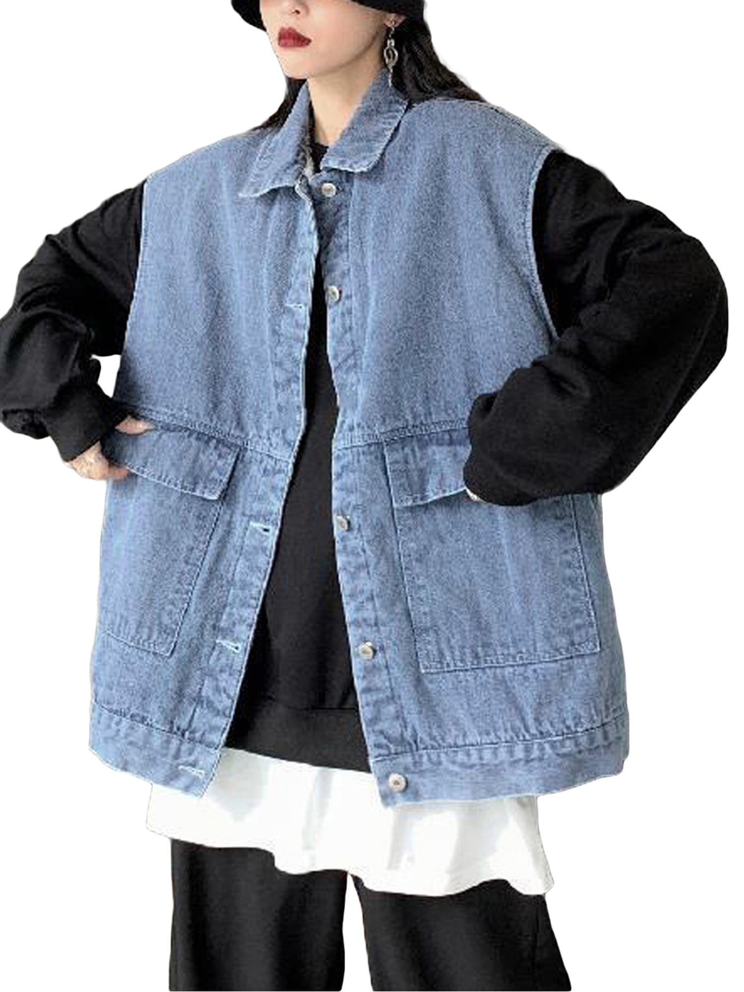 Womens Warm Jean Vest Lapel Wool Liner Denim Thicker Outerwear with Pockets - Walmart.com